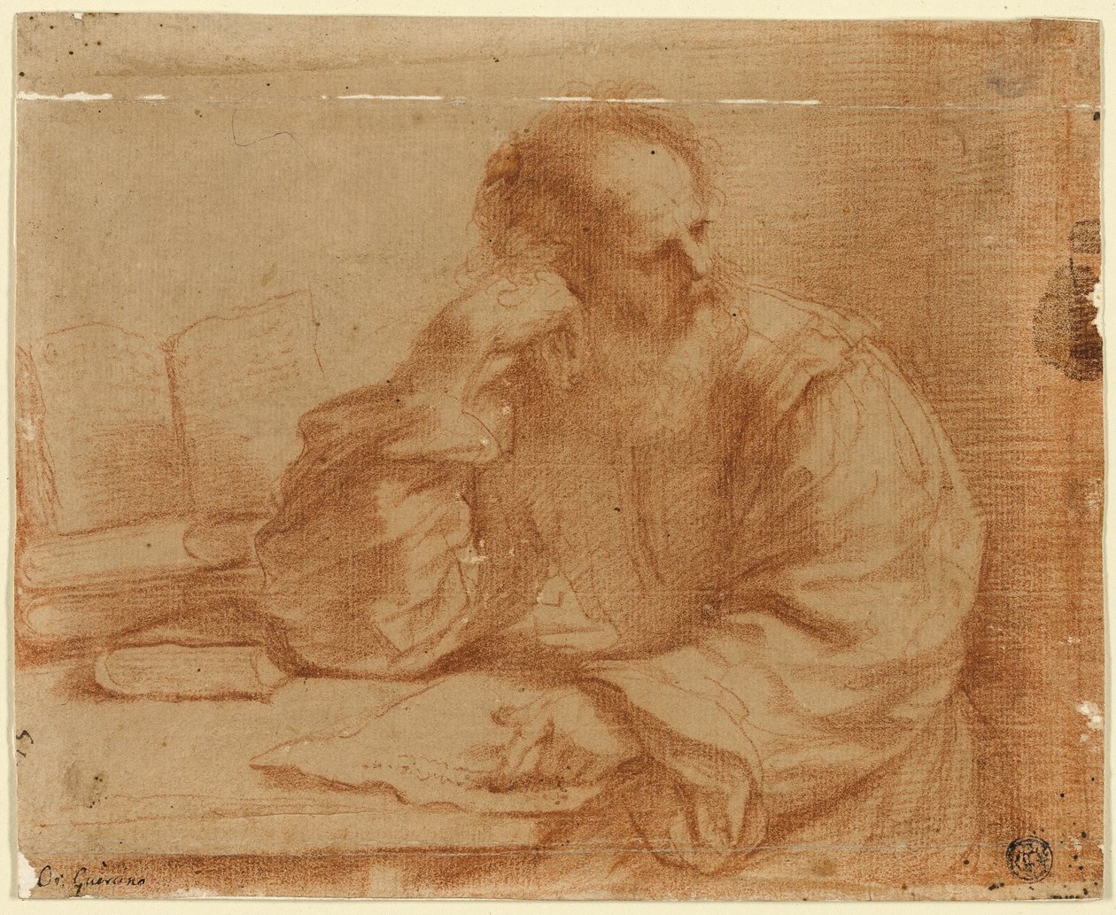 Szakállas férfi ül az asztalnál alkotó: Guercino