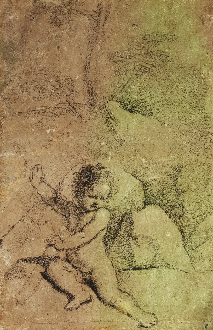 Ámor nyilat rajzol egy tegezből, a tájban, alkotó: Guercino