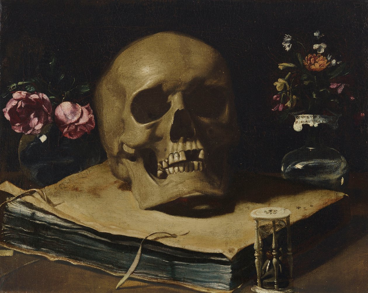 Guercino - Vanitas csendélet egy koponyával egy könyv tetején, egy homokórával és két virágos üvegvázával. alkotó: Guercino