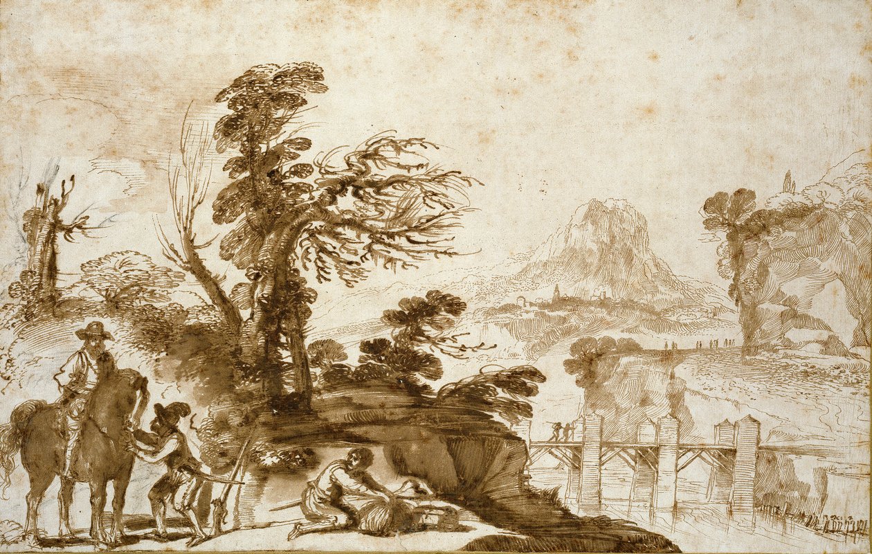 Táj lovassal és híddal, 17. század eleje alkotó: Guercino