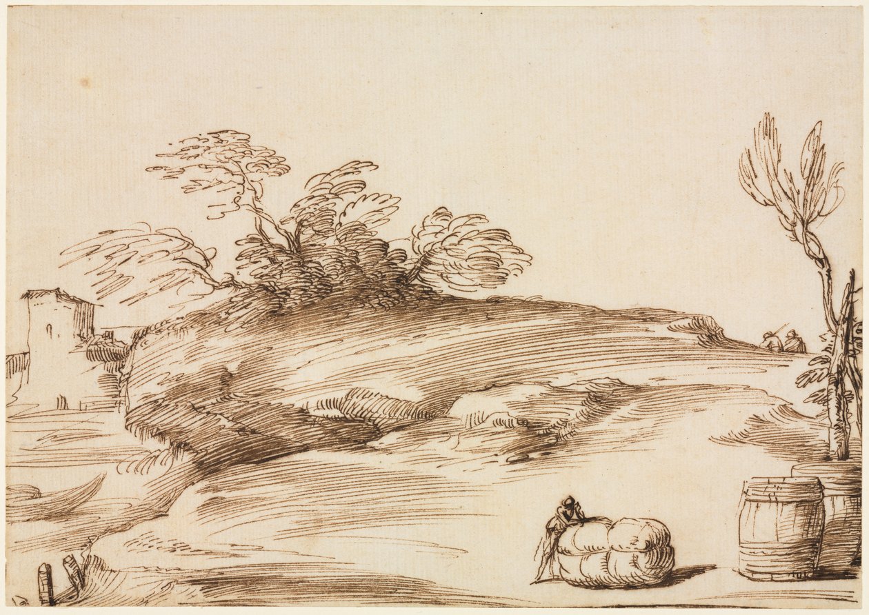 Táj egy bálára támaszkodó férfival alkotó: Guercino