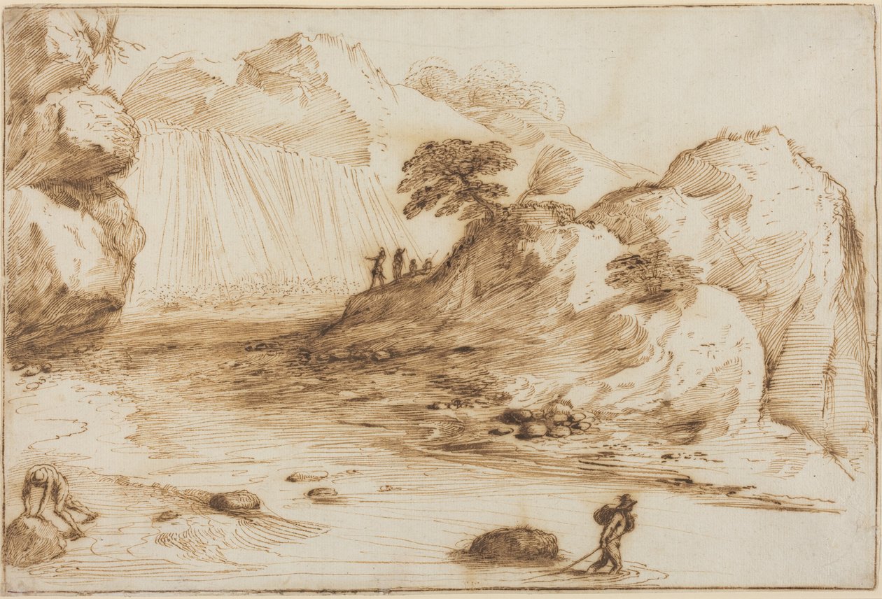 Tájkép vízeséssel alkotó: Guercino