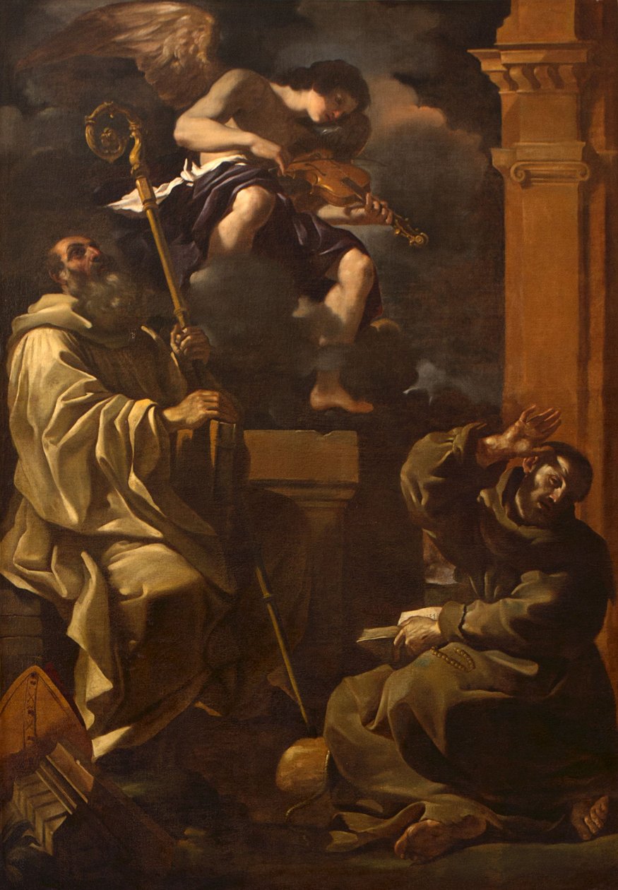 Szent Benedek és Szent Ferenc zenész angyalt hallgat. alkotó: Guercino