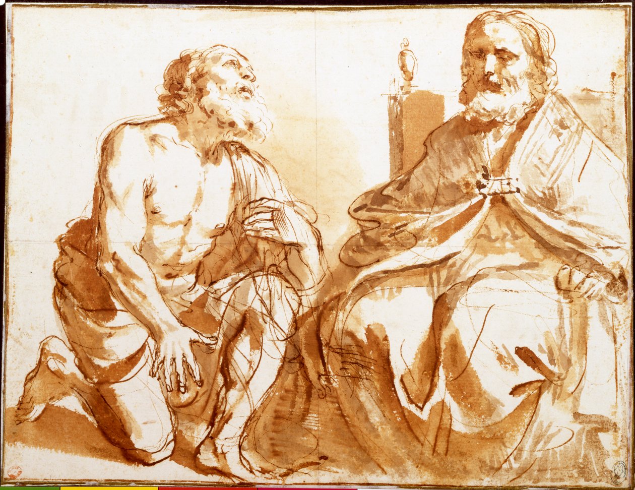 Ülő püspök és térdelő szent alkotó: Guercino