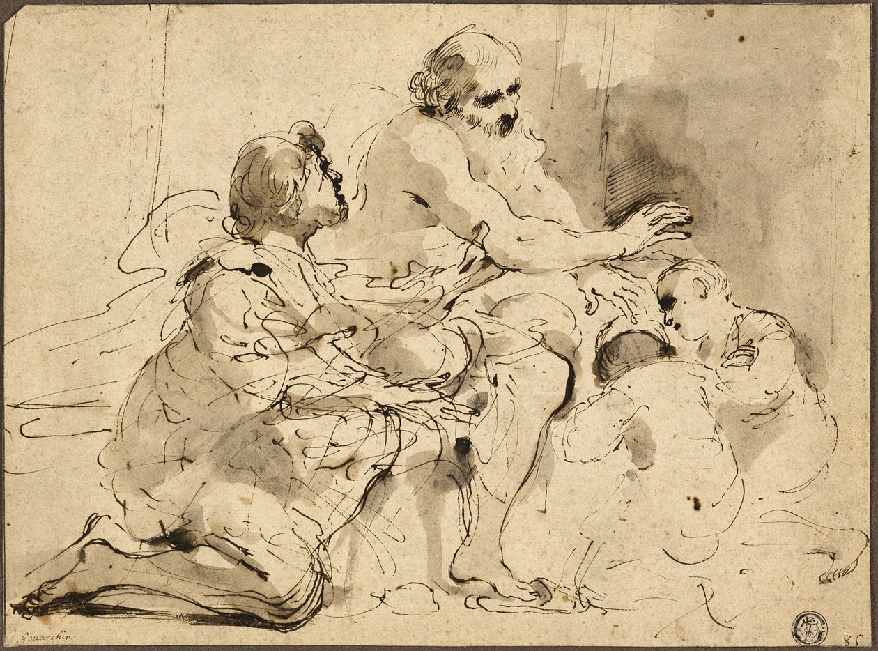 Tanulmány Jákob számára József fiainak megáldása (recto); Vázlatok: Szent Kristóf; Két figura a pénzről szóló beszélgetésben (fordítva) alkotó: Guercino
