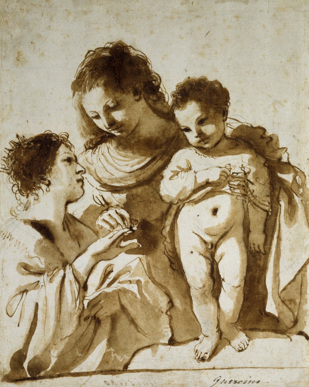 Szent Katalin misztikus házassága, 1618-1919 (toll és barna tinta, barna festéssel, fekete krétával fehér papíron) alkotó: Guercino