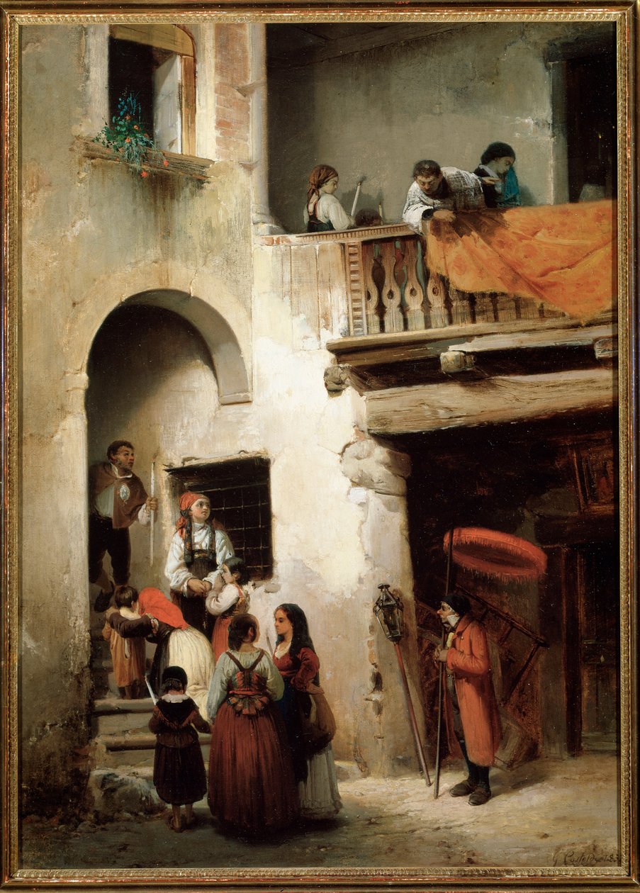 Extrém szenzáció, egy család egy haldokló háza előtt várakozik Guglielmo Castoldi (1823-1882) festménye 1858 Méret: 89x64 cm Genes, Galleria d