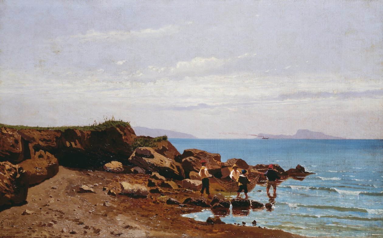 Halászok a nápolyi tengerparton, Capri szigetével a háttérben, szerző: Guglielmo Ciardi (1842-1917), olaj, vászon, 47,5x76,5 cm alkotó: Guglielmo Ciardi