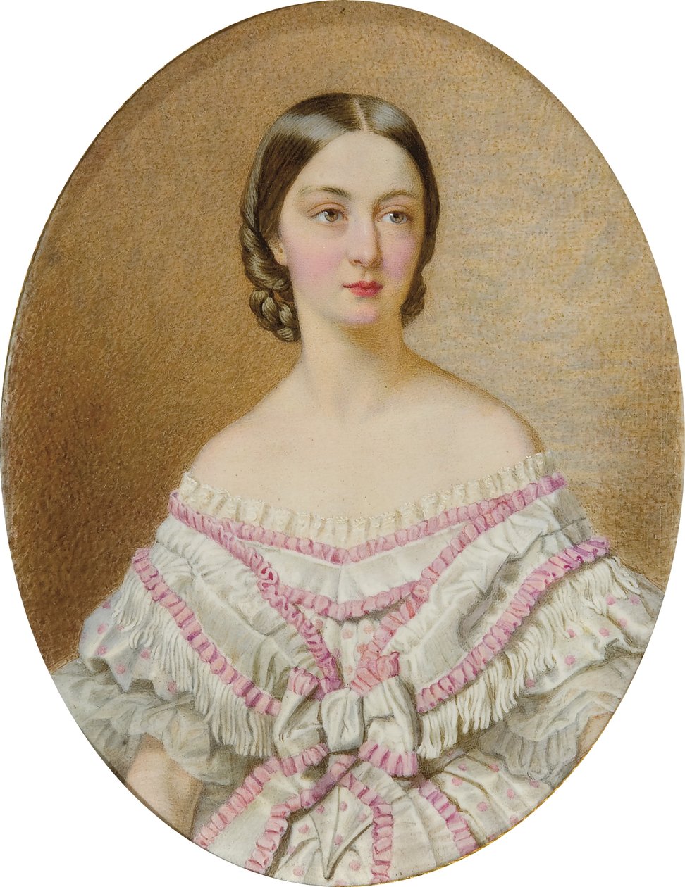 Françoise, Chartres-i hercegnő (1844-1925) portréja fehér ruhában és kendőben, rózsaszín mécsesekkel; alkotó: Guglielmo Faija