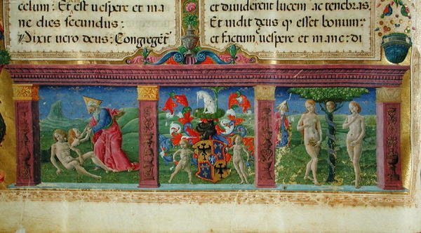 Ádám és Éva teremtése és megkísértése az Este-ház címerével, a Bible des Chartreux-ból alkotó: Guglielmo Giraldi