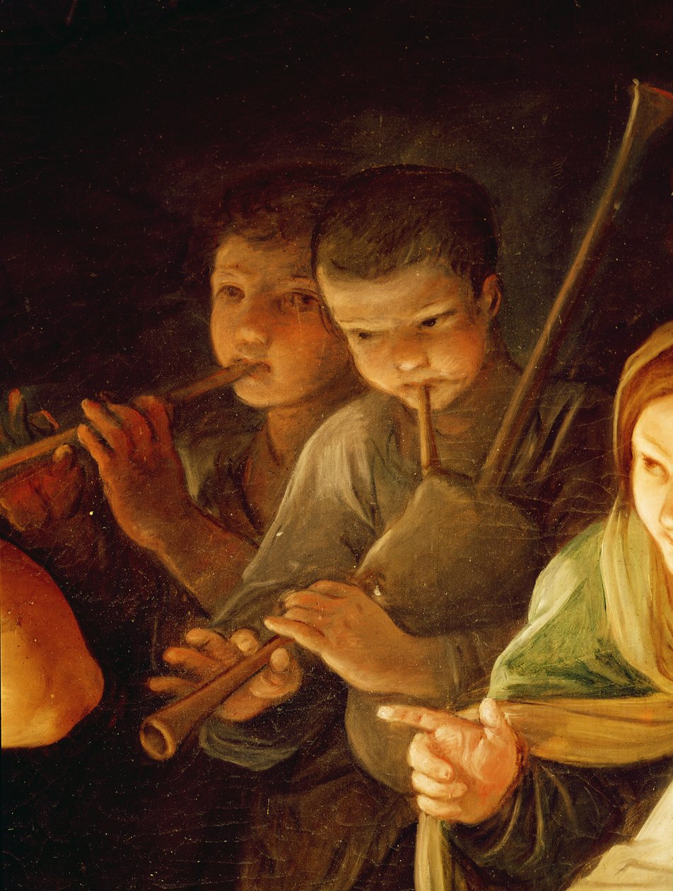 A háttérben a fiatal zenészek Pásztorok imádása részlete, 1642 olaj, vászon alkotó: Guido Reni