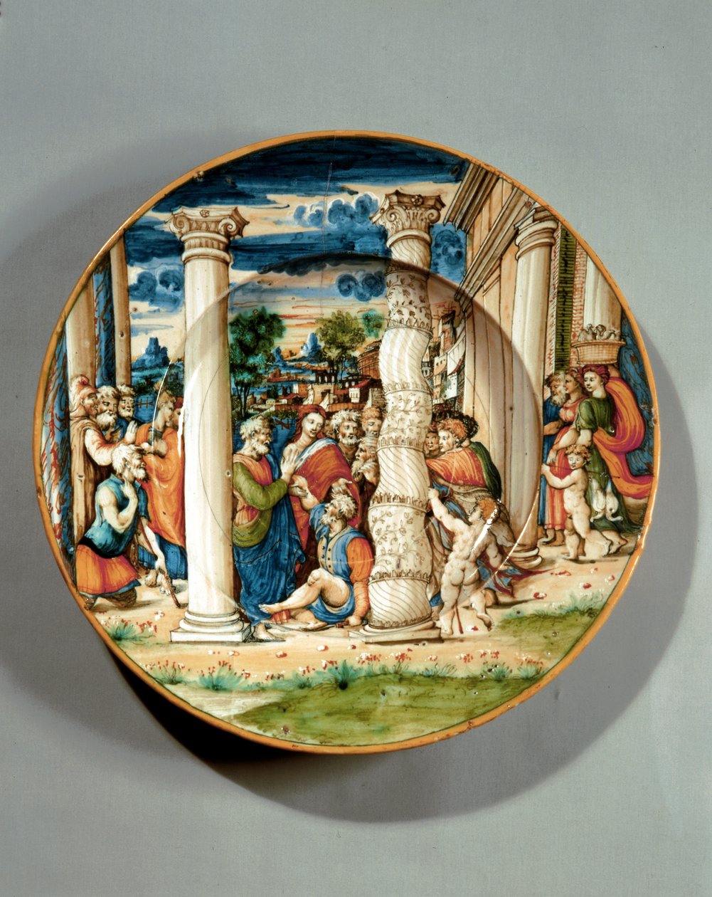 Szent Pétert és Szent Jánost ábrázoló tál, amint a templomban meggyógyítják a bénát, 1540-50 körül (maiolika) alkotó: Guido Di (workshop of) Merlino