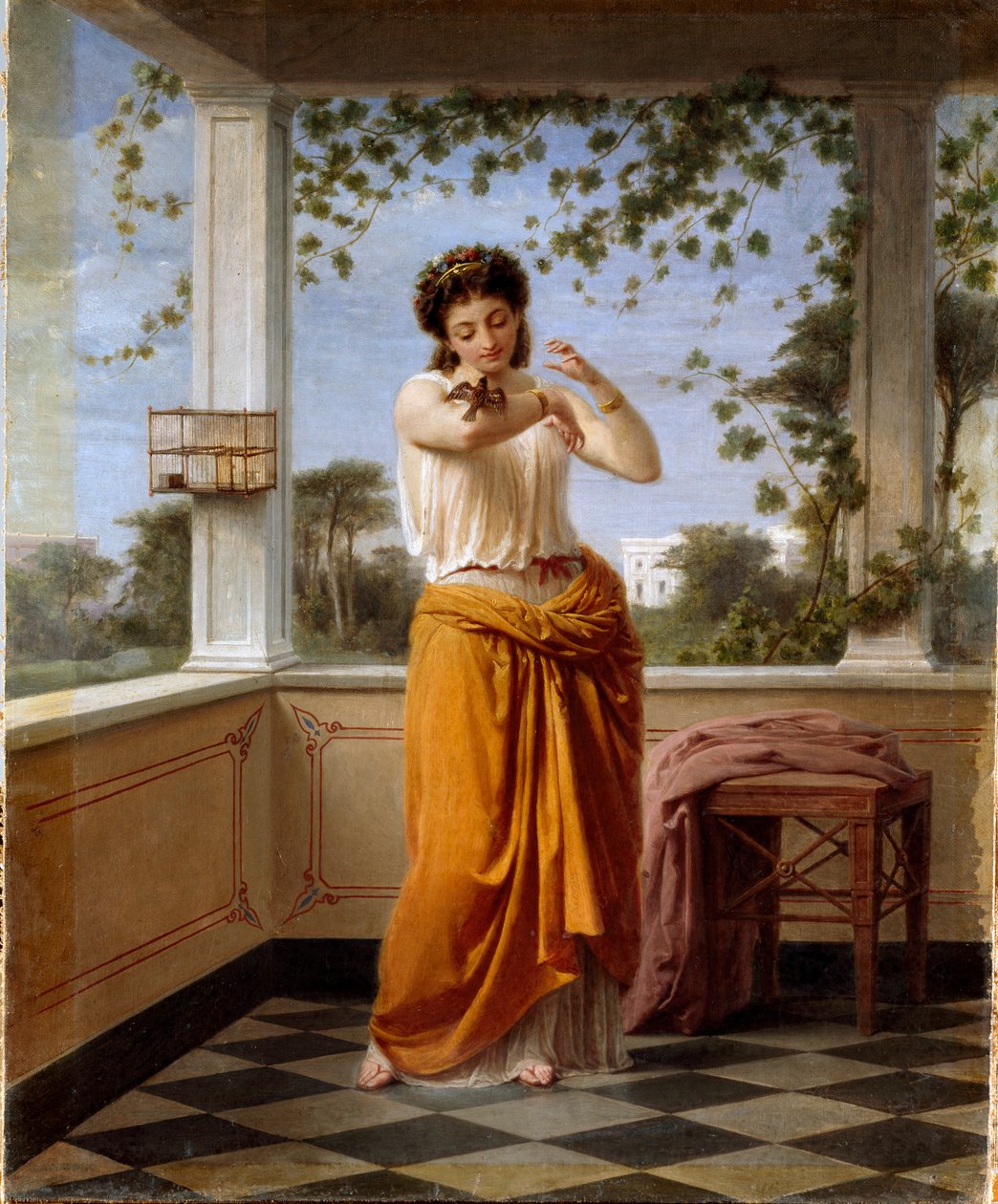 A menekülő Fiatal nő neoklasszikus dekorban, egy kis madár szökik ki a ketrecéből a karján ül. Guido Gonin (1833-1906) festménye Dim. 57x47 cm Genes Nervi, Galleria by Arte Moderna, inv. 102 alkotó: Guido Gonin