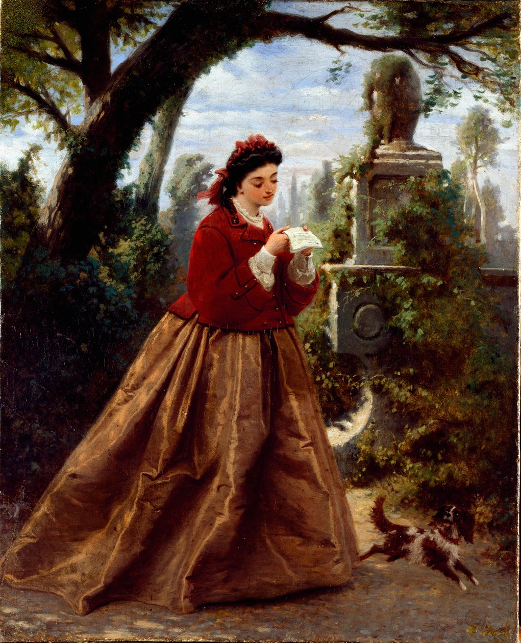 A levél fiatal nő, aki valószínűleg szerelmes levelet olvas, egy romantikus tájon. Guido Gonin (1833-1906) festménye 1868 Genes, Galleria d