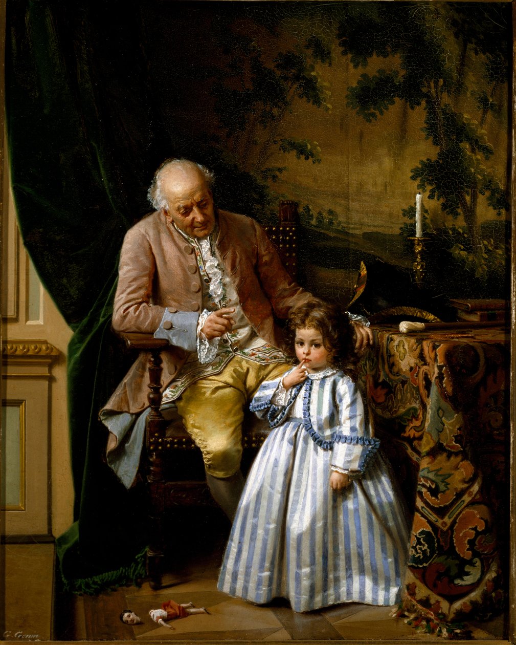 A megrovás. Egy kislányt szidnak, mert eltörte a babáját. A játék a padlóra esett. Guido Gonin (1833-1906) festménye alkotó: Guido Gonin