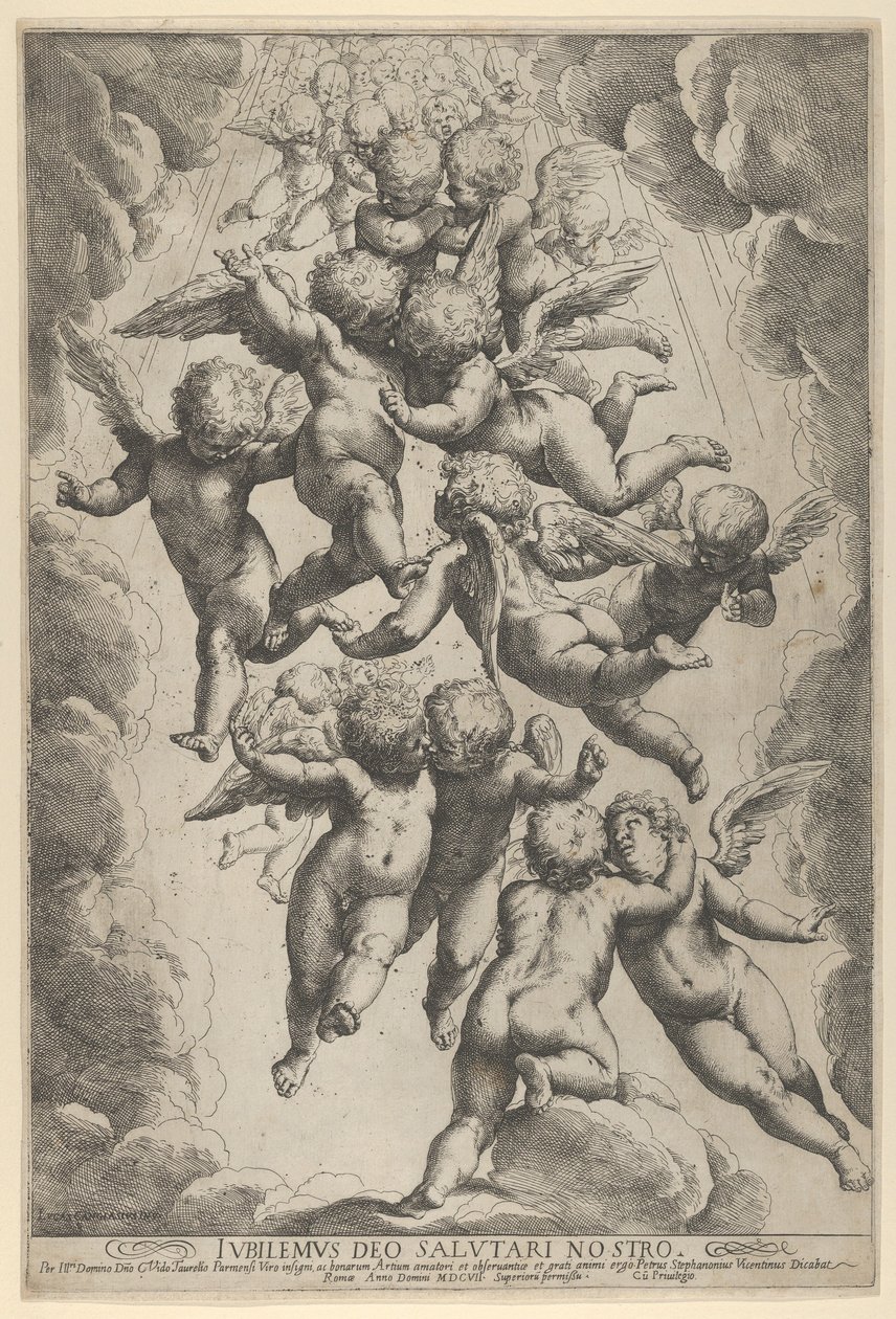 Repülés közben ölelkező angyalcsoport, amelyet felhők kereteznek, kb. 1607., kb. 1607. alkotó: Guido Reni