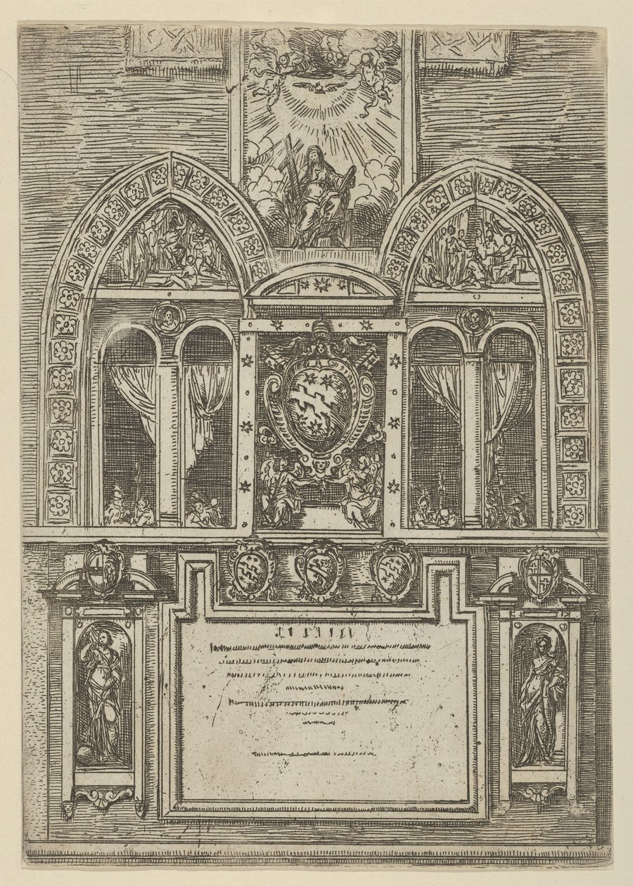 A bolognai Palazzo del Senato homlokzata pápai karokkal középen, ideiglenes ..., 1598. alkotó: Guido Reni