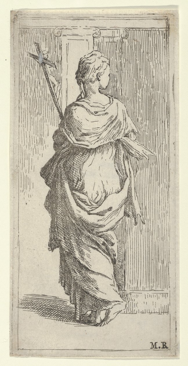 Feszületet hordozó, pilaszter felé lépkedő lány hátulról nézve kb. 1590-1600. alkotó: Guido Reni