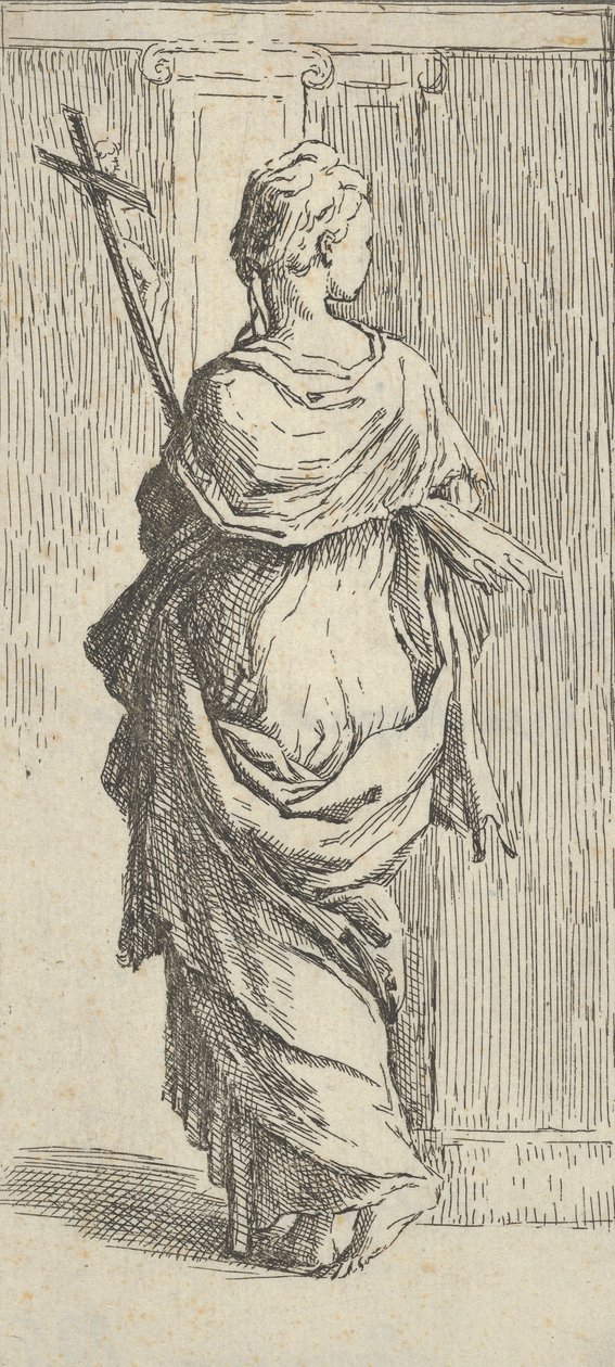 Feszületet hordozó, pilaszter felé lépkedő lány hátulról nézve kb. 15..., kb. 1590-1600. alkotó: Guido Reni