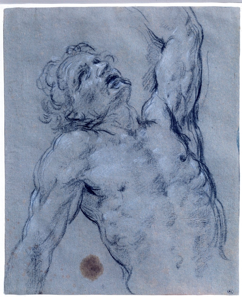 Meztelen férfi félalakja, hátrafordul, úgy tesz, mintha szenvedne. Guido Reni Fekete kő rajza, Az útmutató (1573-1642) címmel. V 0,26x0,21 m Párizs, Louvre Múzeum alkotó: Guido Reni