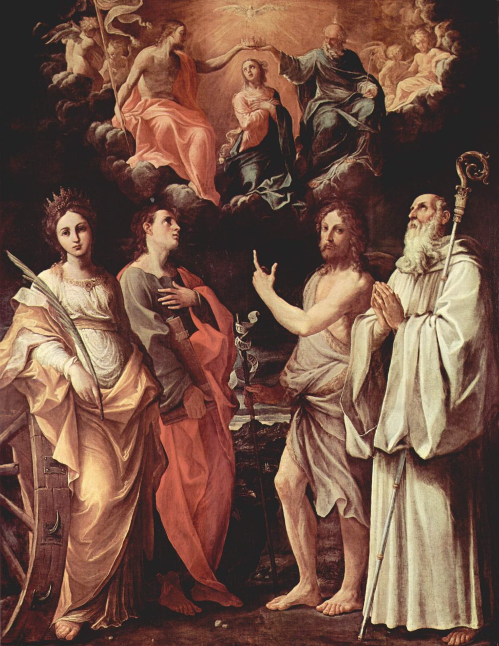 Olasz: Szűz Mária megkoronázása Szent János evangélistával, Keresztelő Szent Jánossal, Bernát és Alexandriai Szent Katalinnal. alkotó: Guido Reni