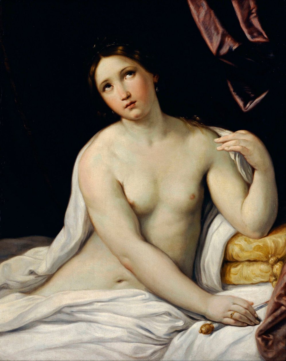 ""Lucrece"" Lucrece (Lucrezia, Lucretia, a Kr. e. 6. század római hölgye) öngyilkosságot követ el, miután unokatestvére, Sextus Tarquin, a Nagyszerű Tarquin fia erőszakának áldozata lett - Guido Reni festménye szerint a kalauz (1575-) 1642), 1637 körül - O alkotó: Guido Reni