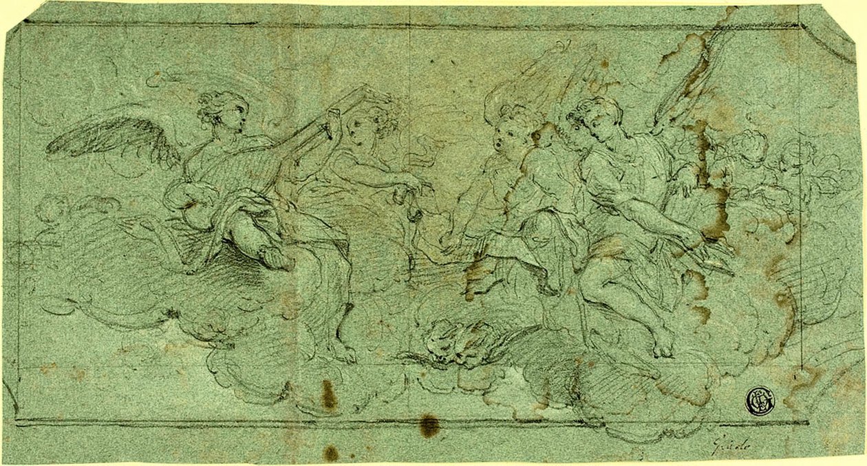 Zenész angyalok a felhőkben (recto); Ülő pap (fordítva) alkotó: Guido Reni
