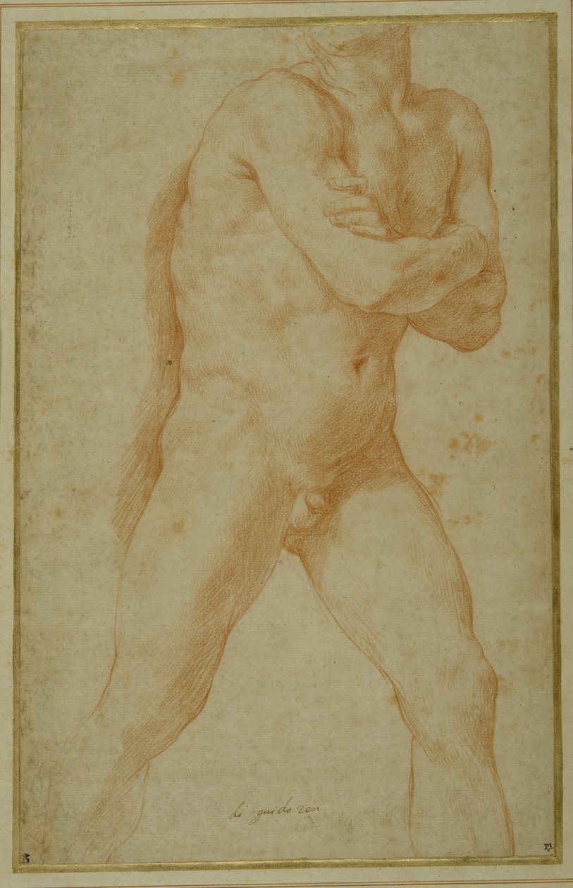 Meztelen férfi előrelép, karba tett kézzel, és a jobb váll fölött néz (piros kréta krémpapíron) alkotó: Guido Reni
