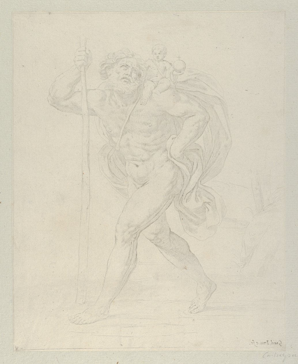 Szent Kristóf a csecsemő Krisztussal a bal vállán sétál, ellenpro..., kb. 1600-1640. alkotó: Guido Reni