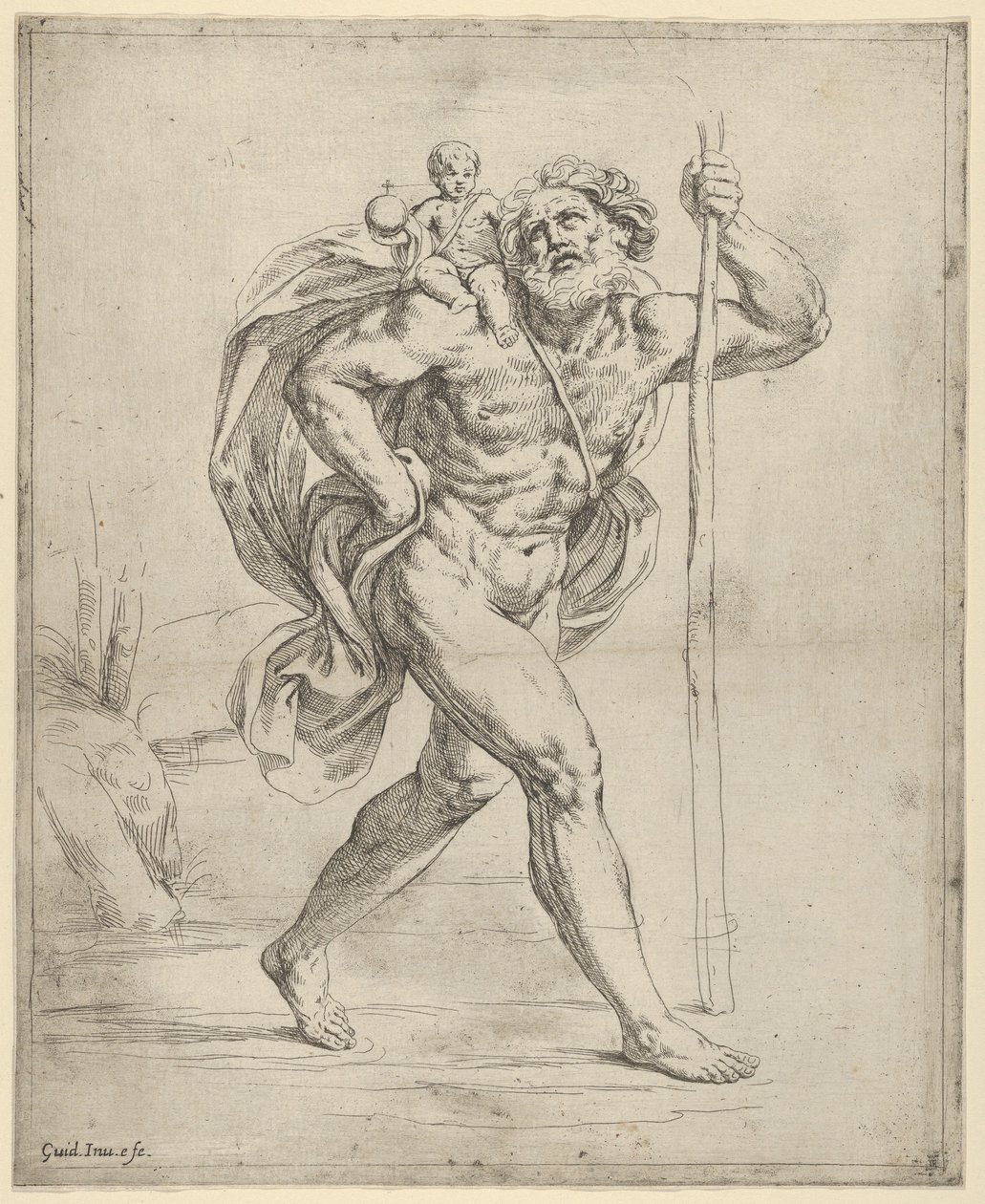 Szent Kristóf a csecsemő Krisztussal a jobb vállán sétál, kb. 1600-1640. alkotó: Guido Reni