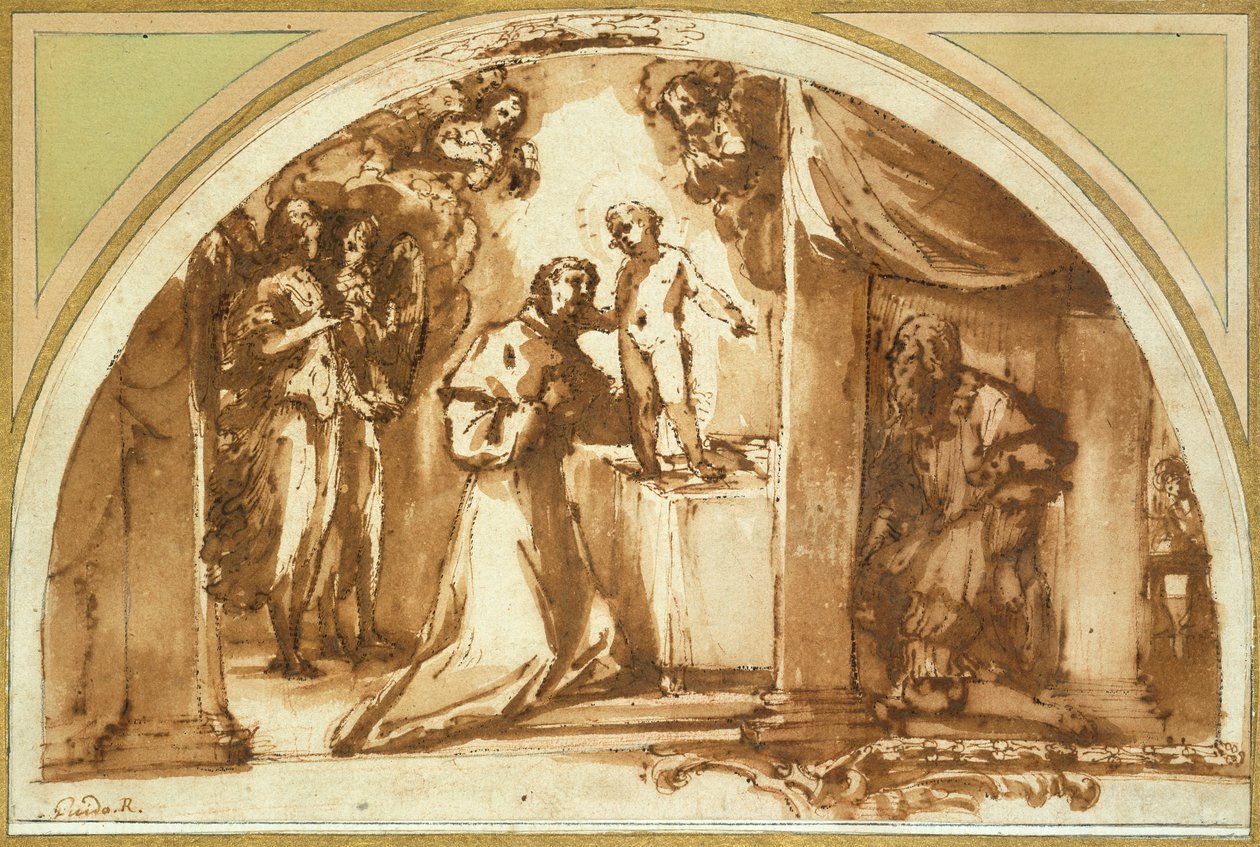 Szent Ferenc imádja a csecsemő Krisztust (piros kréta, toll és barna tinta, barna mosás) alkotó: Guido Reni