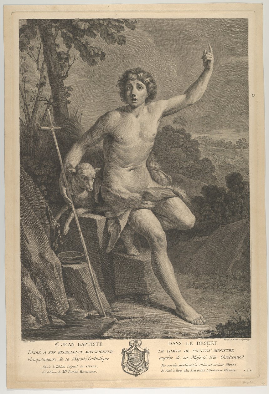 Keresztelő Szent János a sivatagban, egy sziklán ülve bal oldalával felfelé mutat, 1770 alkotó: Guido Reni