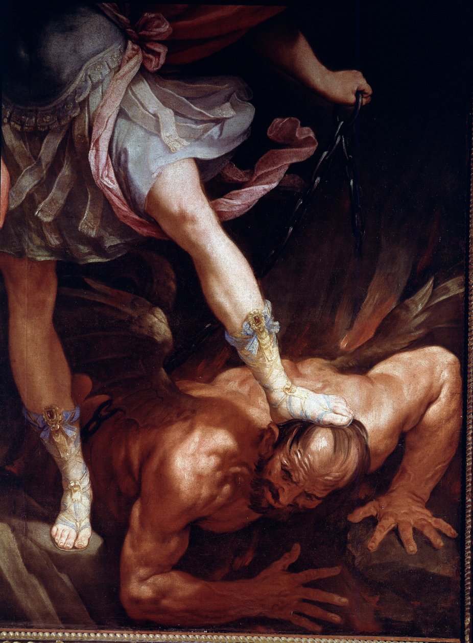 Szent Mihály összetöri a démon fejét. Részlet a szandálcipőről (Selyemfestés alkotó: Guido Reni