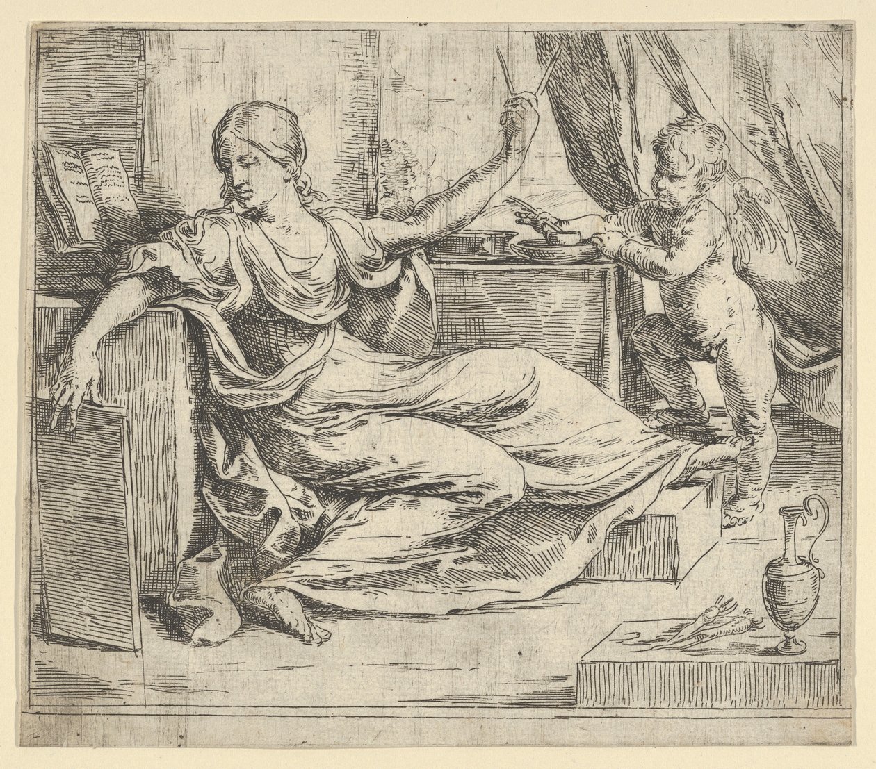 Ülő nő, aki tablettával és iránytűvel a tanulás allegóriája, egy szárnyas puttó ..., kb. 1600-1640. alkotó: Guido Reni