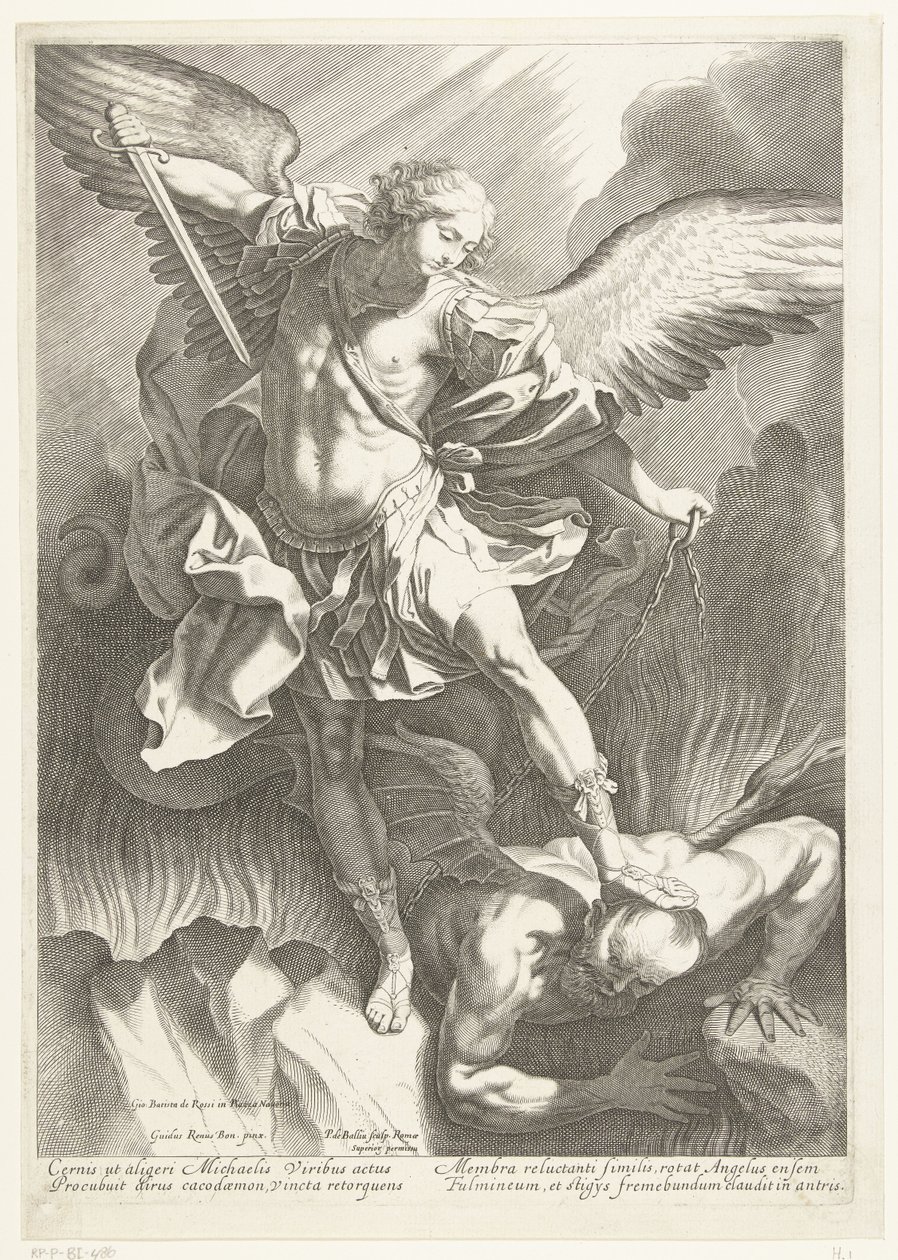 Szent Mihály arkangyal legyőzi az ördögöt, vésette Pieter de Bailliu, 1623-60 alkotó: Guido Reni