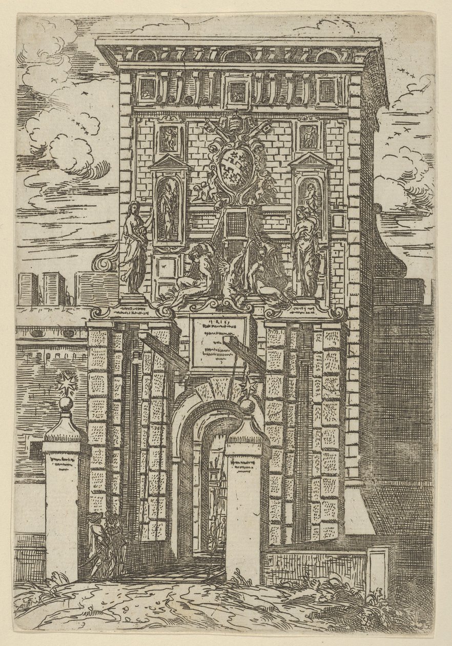 A Porta Galliera, Bologna bejárati kapuja és felvonóhíd ideiglenes díszítéssel..., 1598. alkotó: Guido Reni