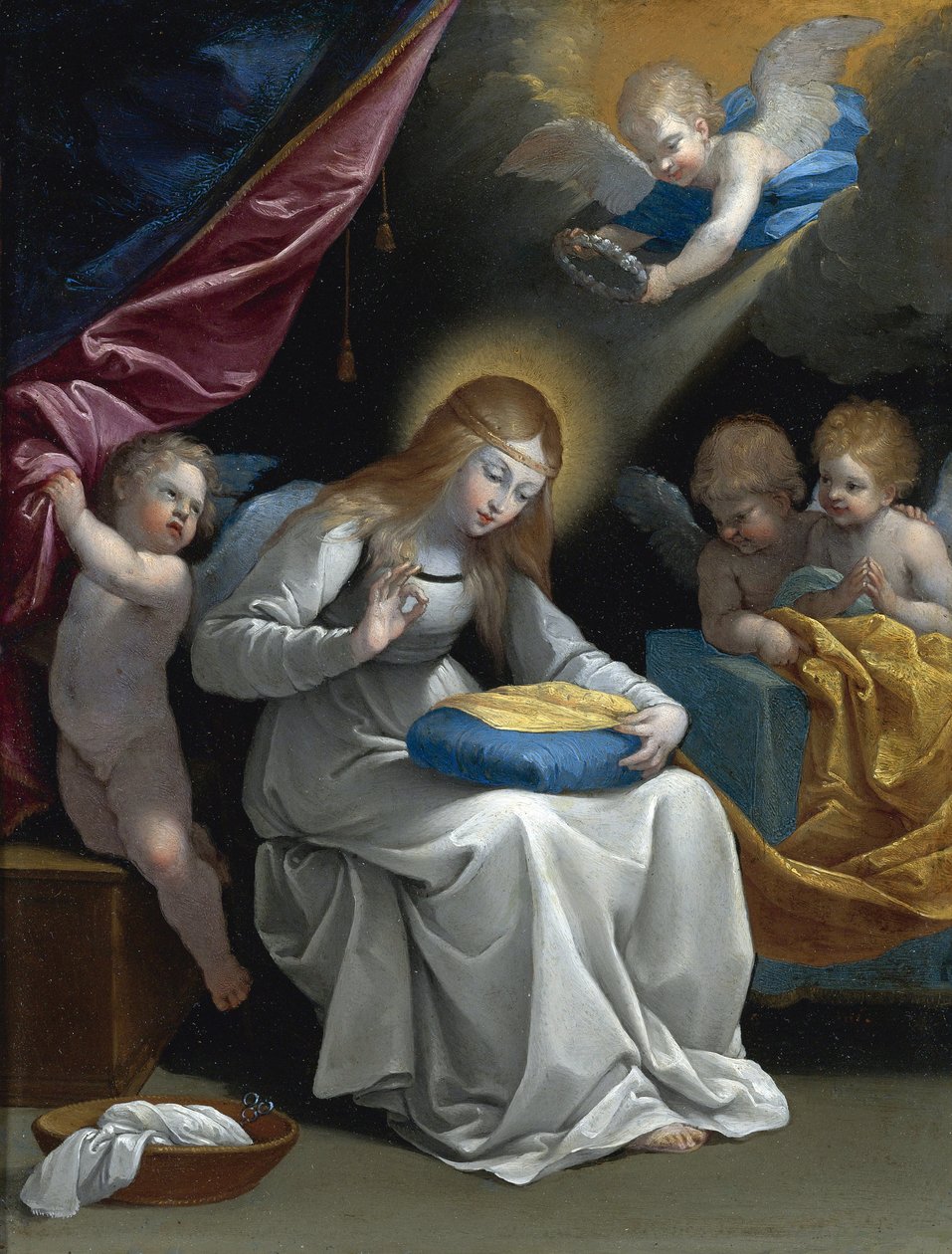 A szűz varrás, négy angyal kíséretében (La Couseuse) par Reni, Guido (1575-1642). Olaj, réz, méret: 28,5x21,5, , Magángyűjtemény alkotó: Guido Reni