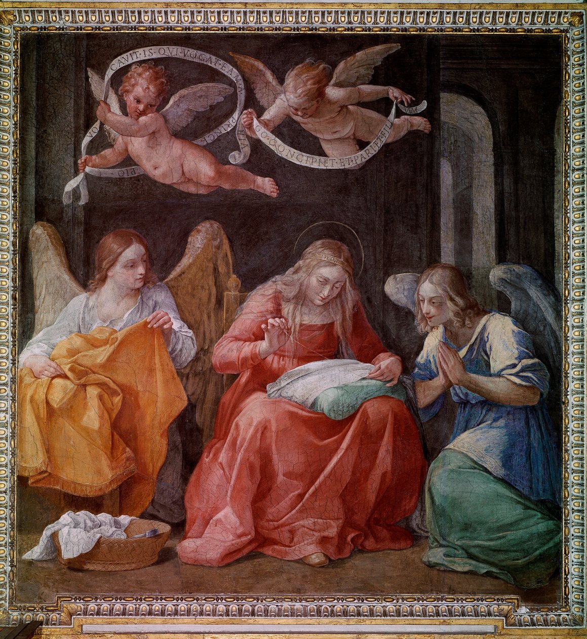 A szűz varrás két angyallal (freskó alkotó: Guido Reni