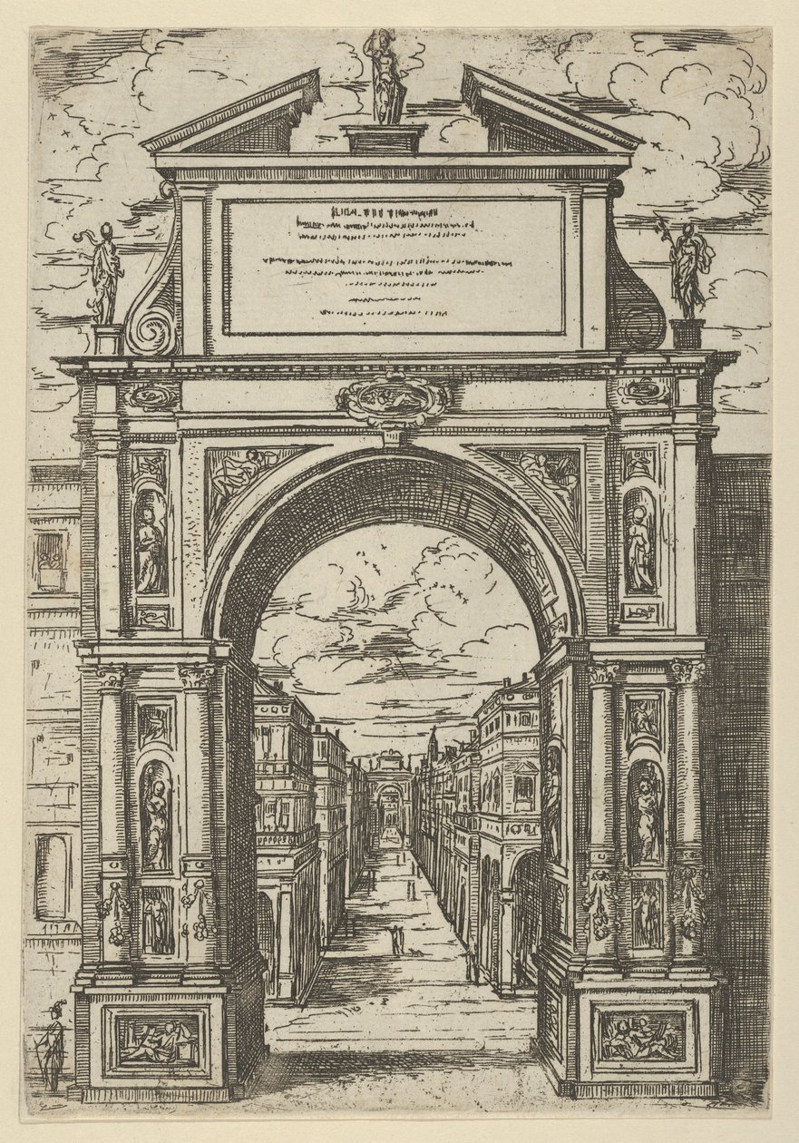 Diadalív, amelyet Bologna városát ábrázoló szobor, épületek láthatók, 1598. alkotó: Guido Reni