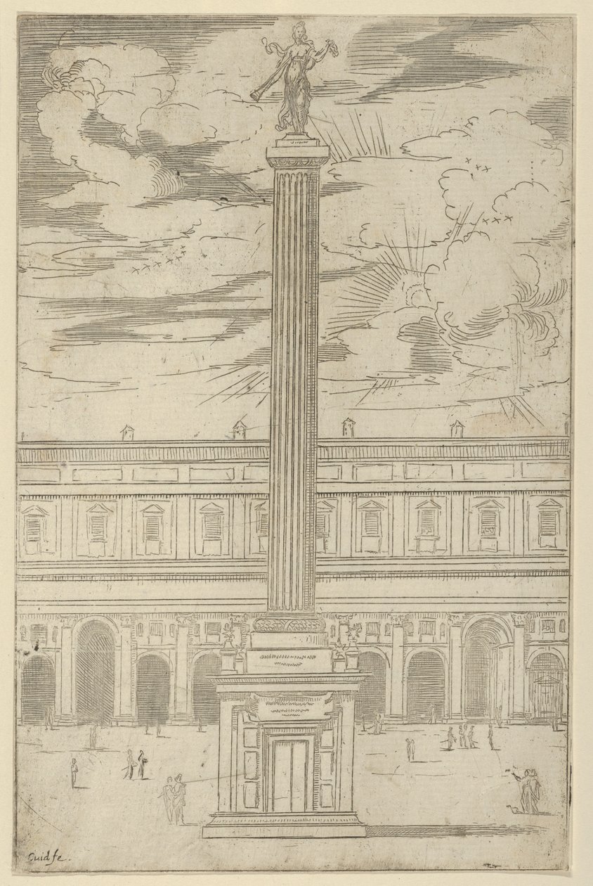 Diadaloszlop a Hírnév női alakjával, tetején trombitát tartva, ideiglenes dísz..., 1598. alkotó: Guido Reni