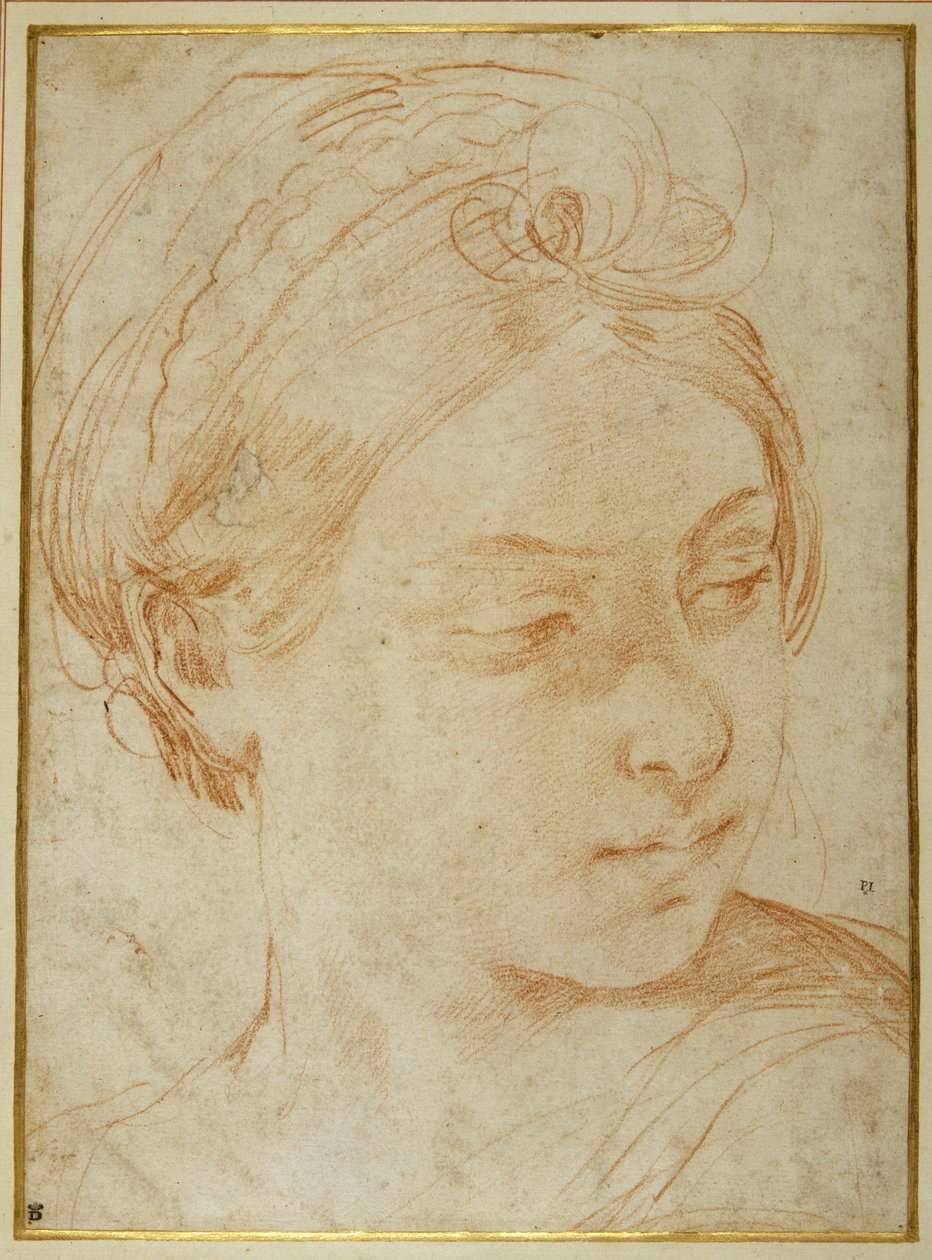Fiatal nő feje, a bal válla fölött átnézve (vörös kréta fehér papíron) alkotó: Guido Reni