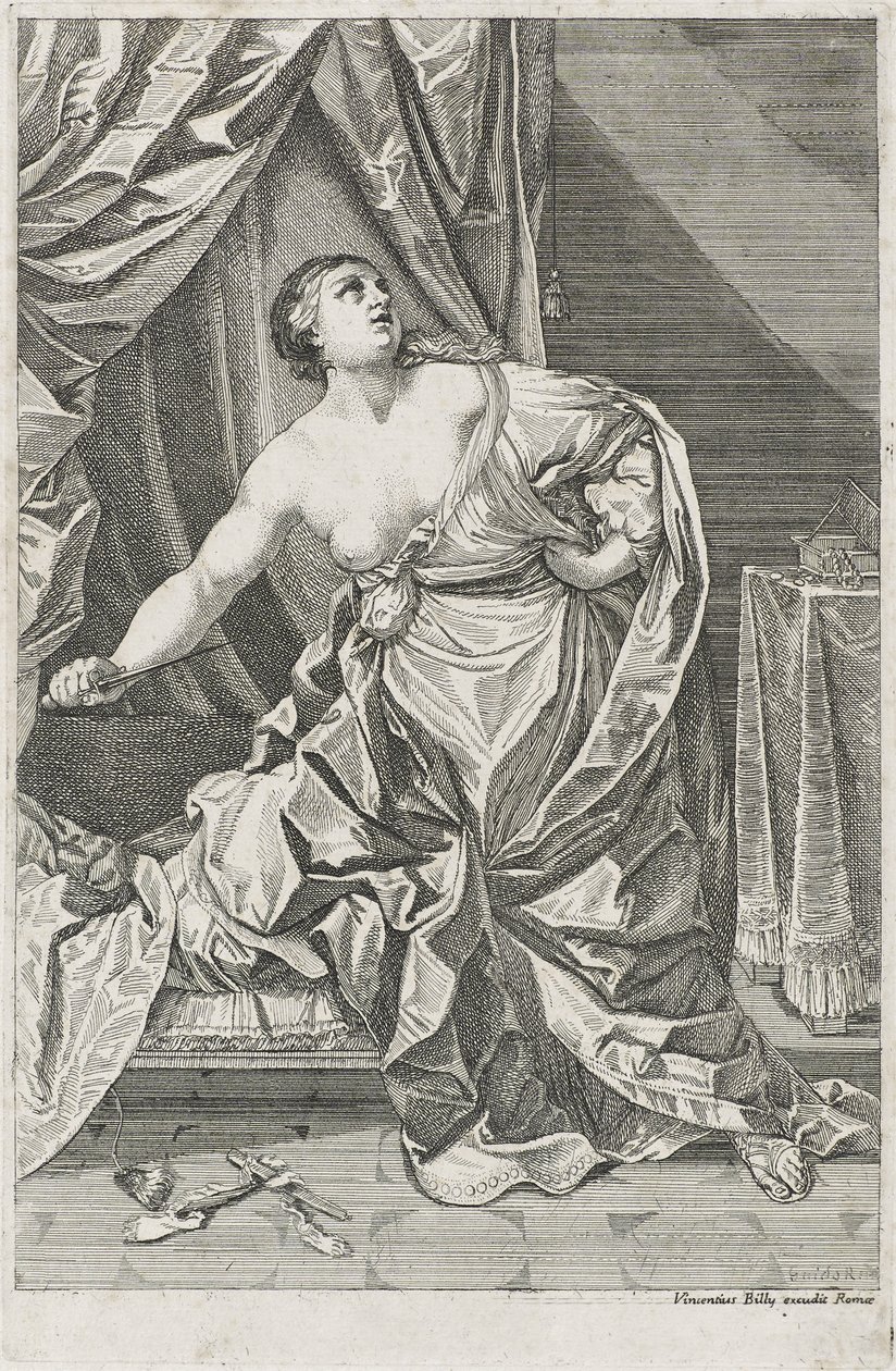 Lucretia halála, Kr. e. 1700-50 esetleg Antonio Billy (aktív 18. század első fele) (rézkarc papírra) alkotó: Guido after Reni