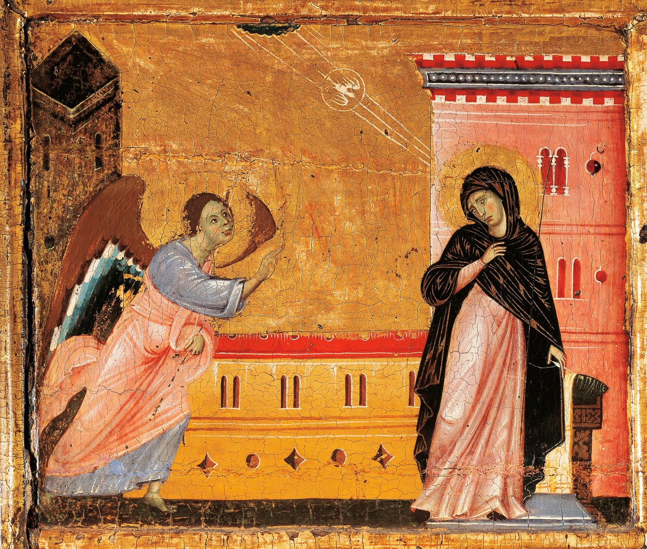 Angyali üdvözlet, részlet a Guido da Siena által trónoló Szent Péter Antependiumból (kb. 1250-1300), tempera és arany fán alkotó: Guido da Siena