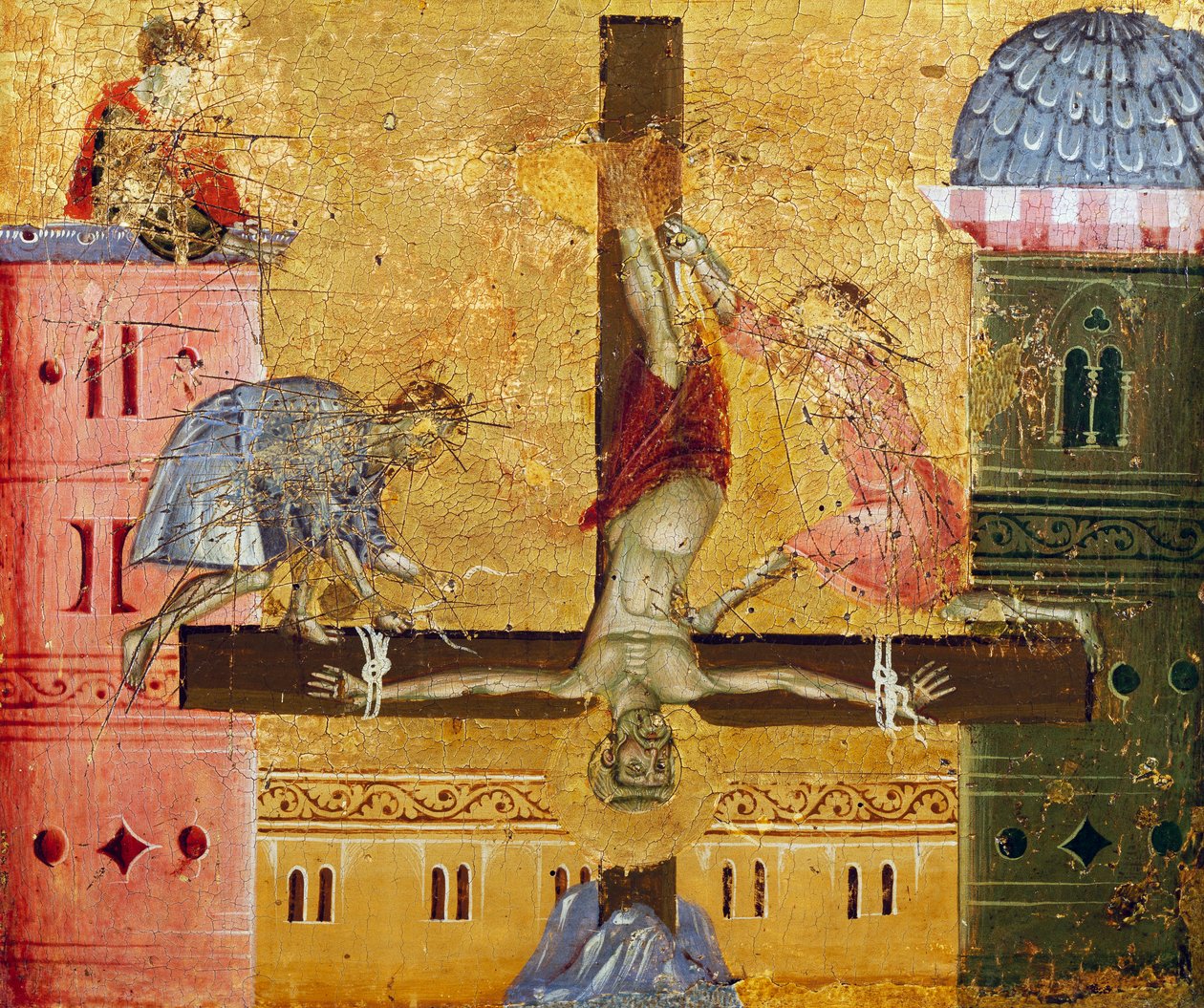 Szent Péter keresztre feszítése, részlet a trónoló Szent Péter Paliottójából, Guido da Siena (aktív: 1250-1300 körül), festmény fára. alkotó: Guido da Siena