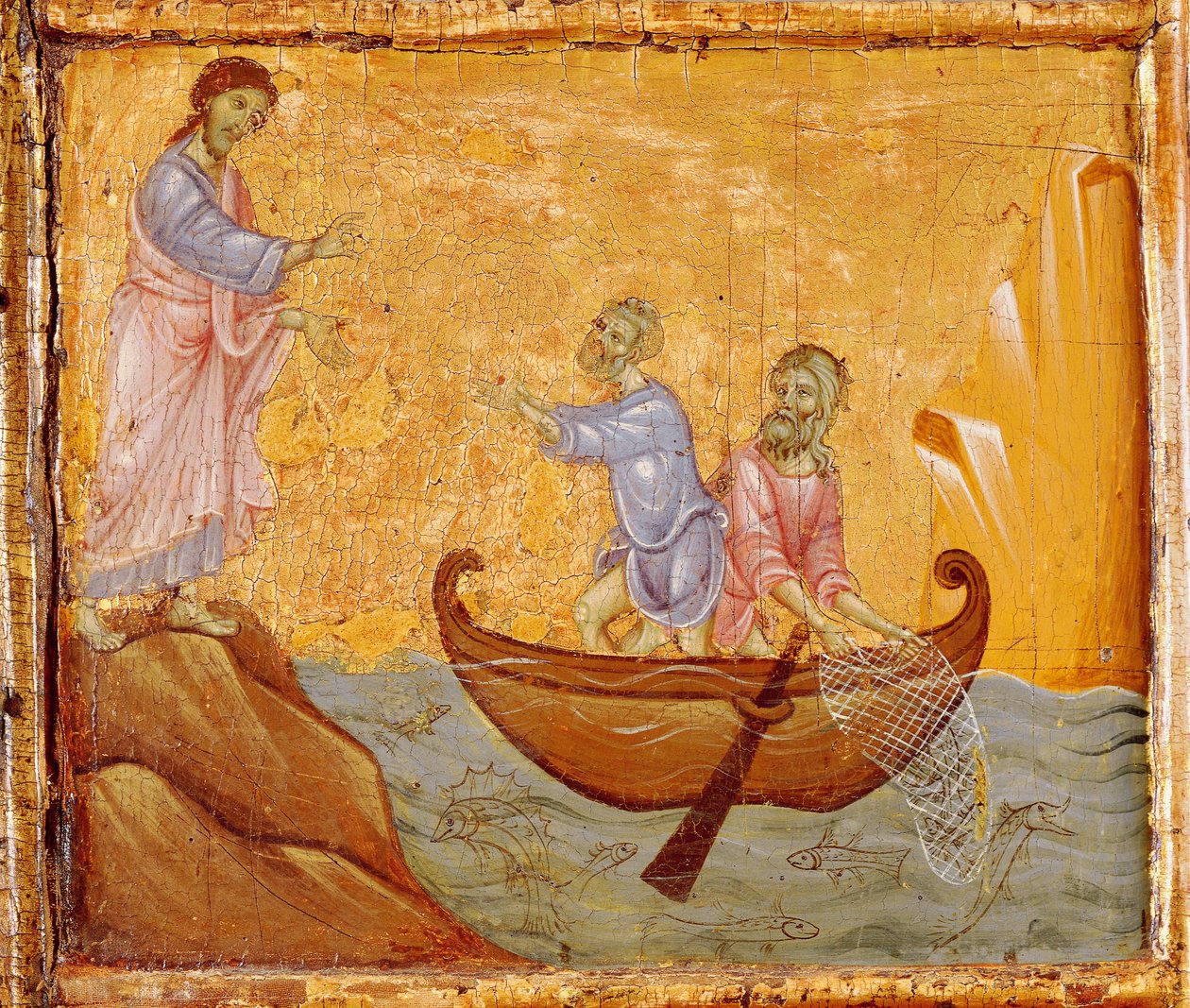 Csodálatos halfogás, részlet a Guido da Siena (1250 körül -1300) által készített Szent Péter trónolva című Antependiumból, tempera és arany, fa alkotó: Guido da Siena