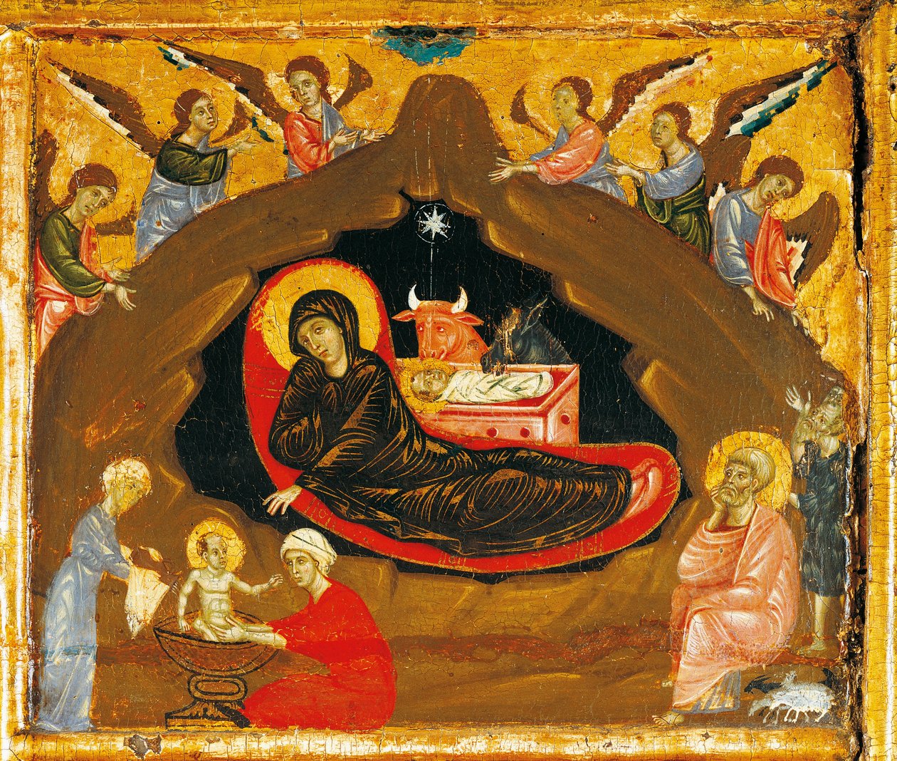 Születés, részlet a Guido da Siena által trónolt Szent Péter Antependiumból (kb. 1250-1300), tempera és arany fán alkotó: Guido da Siena