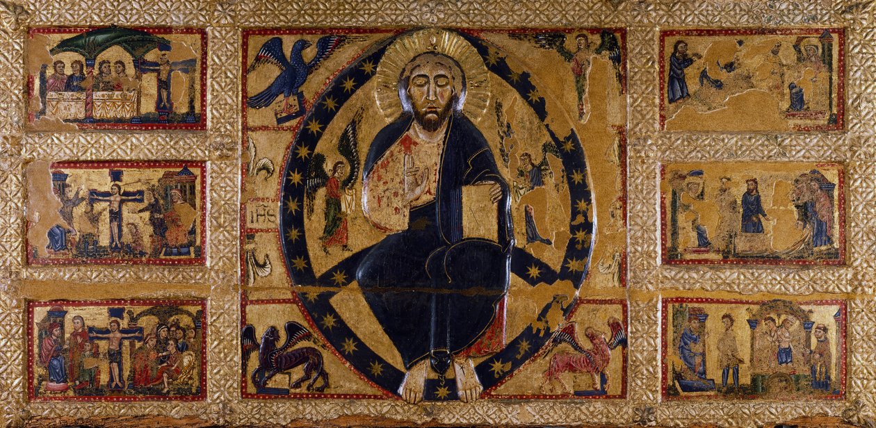 A Megváltó és az evangélisták jelképei, Guido da Siena (aktív: kb. 1250-1300), festménye fára. alkotó: Guido da Siena