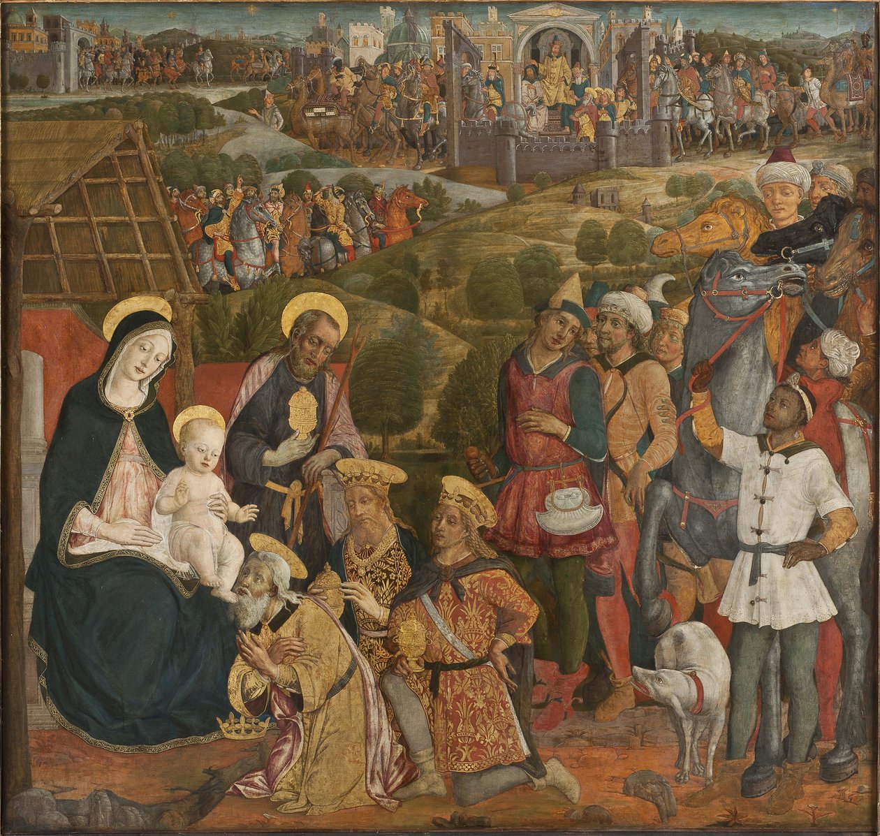 The Adoration of the Magi – The Adoration of the Magi, szerző: Cozzarelli, Guidoccio di Giovanni (1450-1517). Tempera és olaj, vászon. Méretei: 168x176 cm. Stockholmi Nemzeti Múzeum alkotó: Guidoccio di Giovanno Cozzarelli
