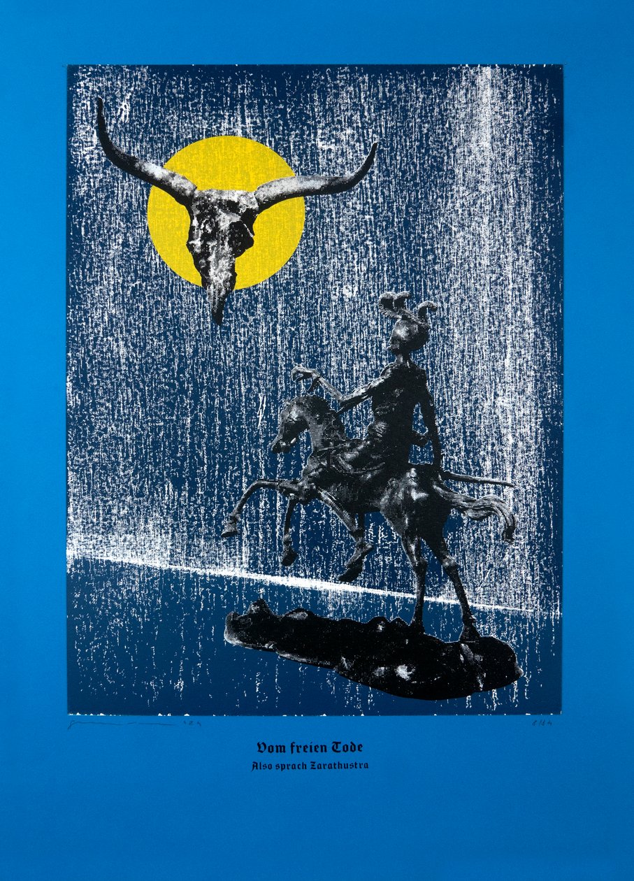 A szabad halálról, Így szólt Zarathustra, 2024 (fametszet és szitanyomat) alkotó: Guilherme Pontes