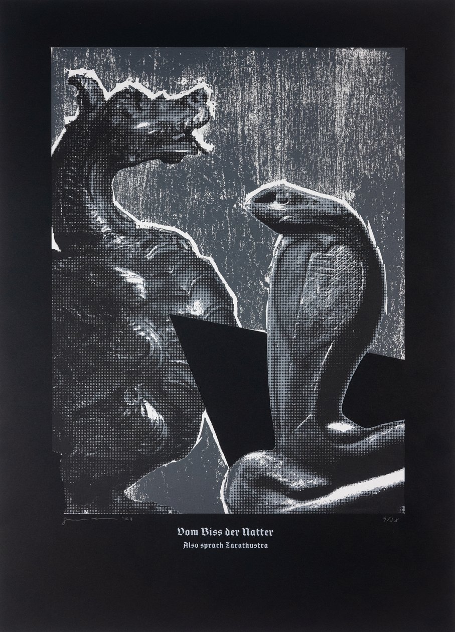 A Vipera harapásán, Így szólt Zarathustra, 2024 (fametszet és szitanyomat) alkotó: Guilherme Pontes